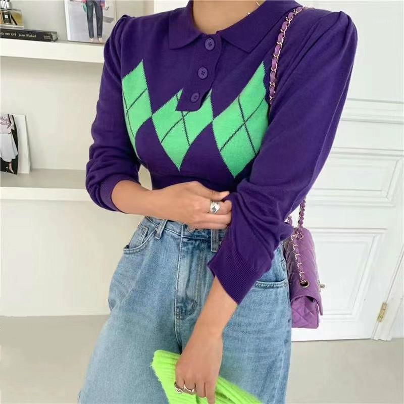 

Oneimirry Argyle Knitted Shirt Women Autumn 2020 Fashion Korean Long Sleeve Crop Top Slim Female Vintage Tops 90s Clothes1, Red