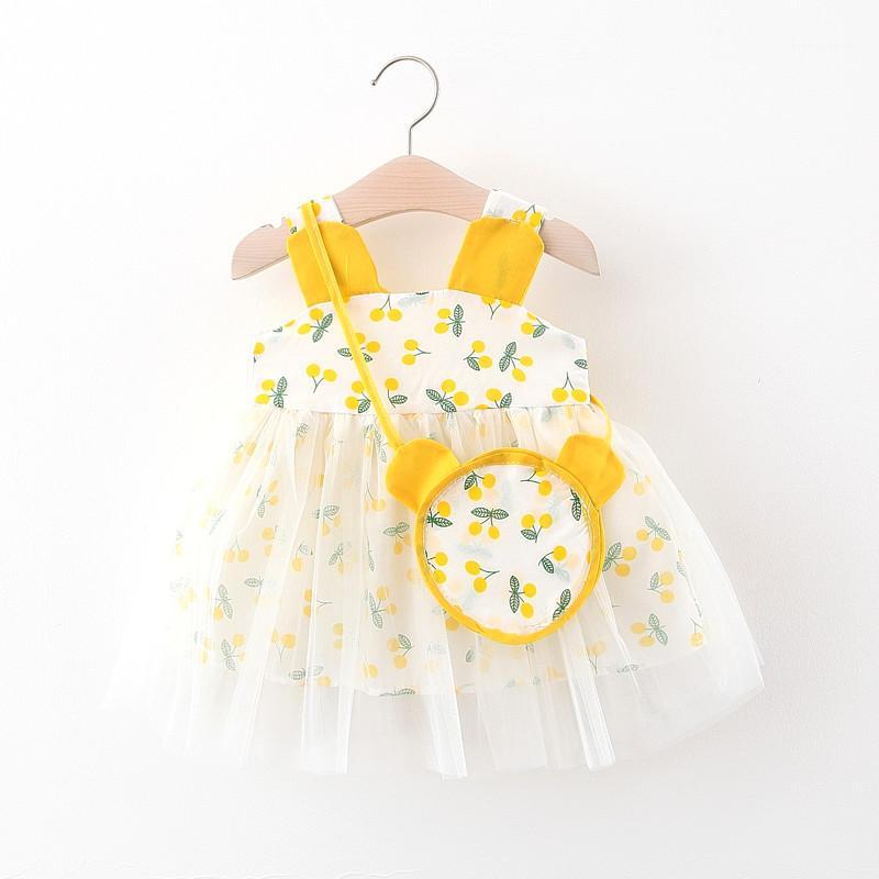 

cherry baby girls summer dress mesh sweet toddler kids dress for girl casual children's clothing1, Yellow with bag