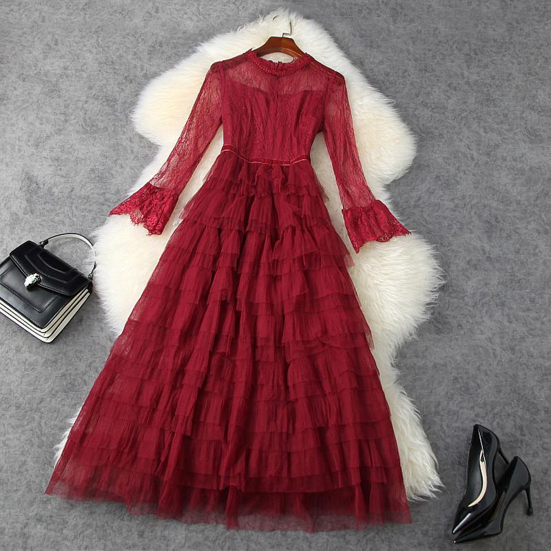 

Runway 2021 new spring women' Slim Hollow Lace Long sleeves dress Celebrities club christmas Mesh cake sexy Sweet girl Dresses, Black