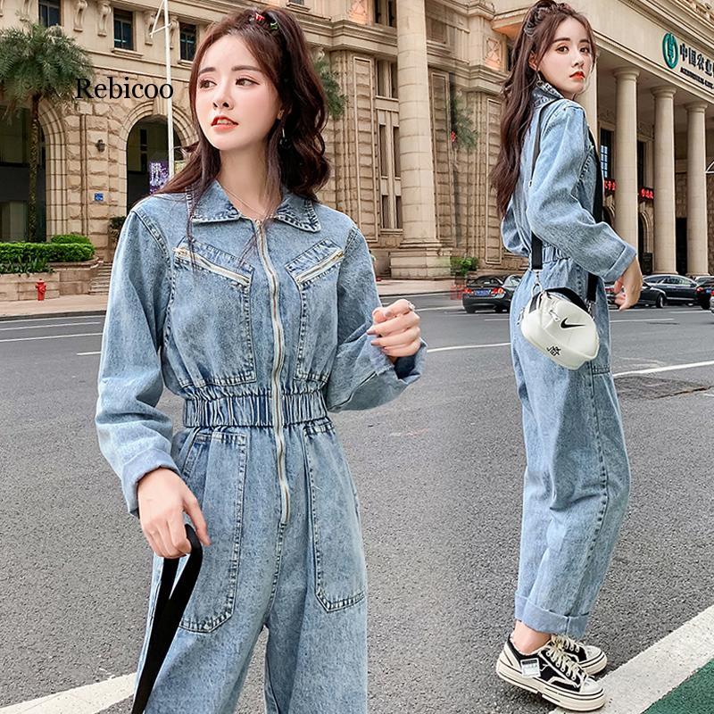 

Fashion Zipper Jeans Women Jumpsuit Long Elastic High Waist Ladies Rompers Streetwear Pocket Long Sleeve Denim Overalls Female, Blue