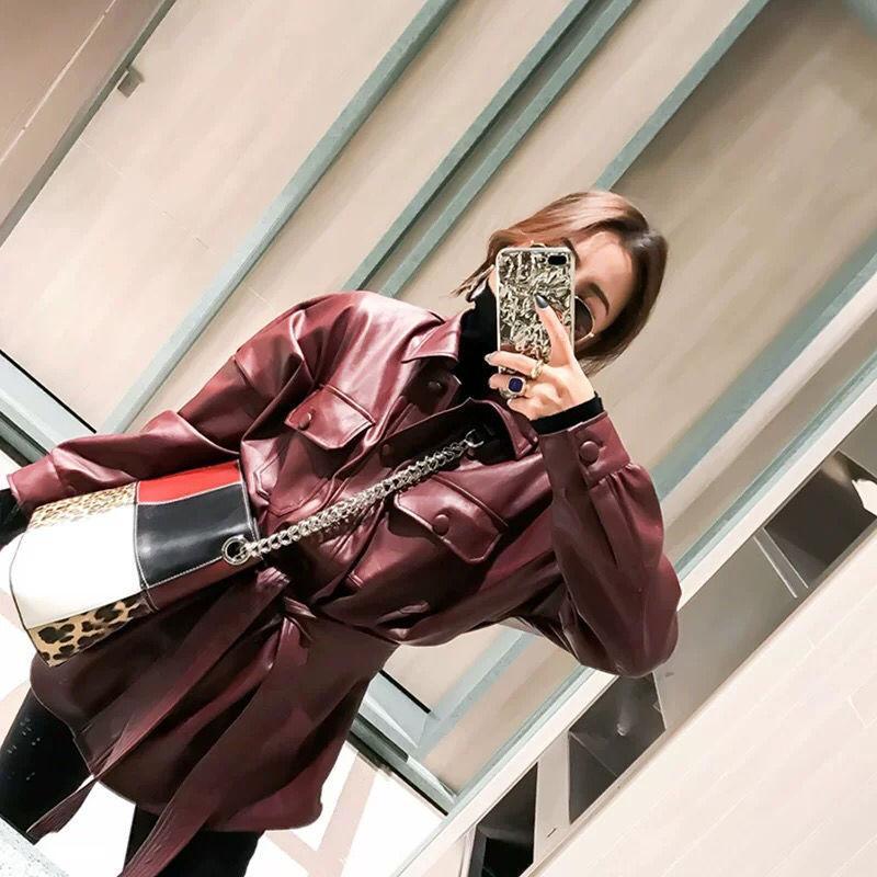 

Bella Philosophy 2020 Spring Women Solid Pockets Fashion Leather Jackets Female Single Breasted Sashes Jackets Lady Pu Coats, Black