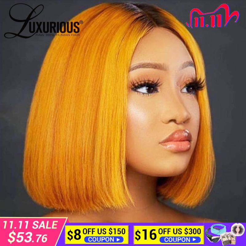 

Ombre Honey Blonde Bob Wig Straight Lace Wig Human Hair Lace Front Human Hair Wigs With Transparent Pre Plucked Closure, Ombre orange