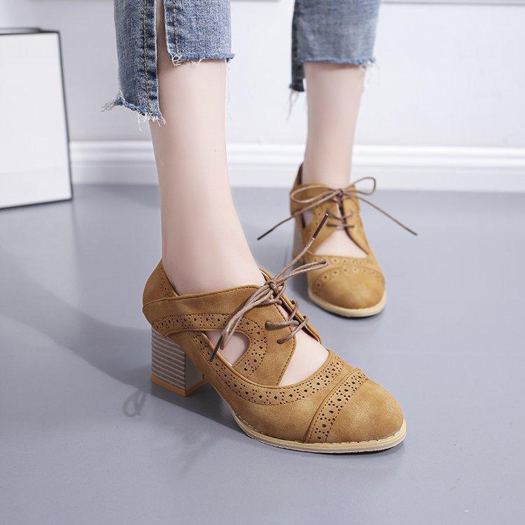 

single shoes 2020 European and American fashion pointed suede thick heel lace up hollow air permeable women's shoes1, Black
