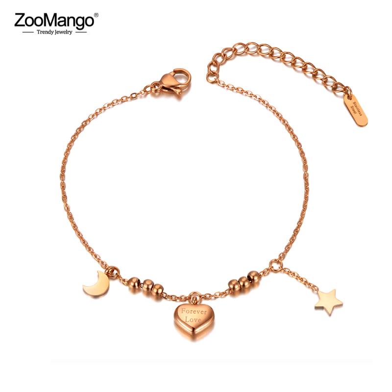

ZooMango Romantic Stainless Steel Love Heart Star Moon Charm Bracelets For Girls Bohemia CZ Crystal Chain Link Bracelet ZB20045