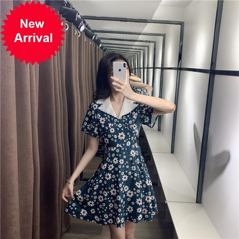 

Elegant 2021 Boho A-line Mini Dresses Girly Summer Sweet Daisy Short Sleeve Print Short-waisted Lapel Top High-waisted Dress Party UYGX, Blue