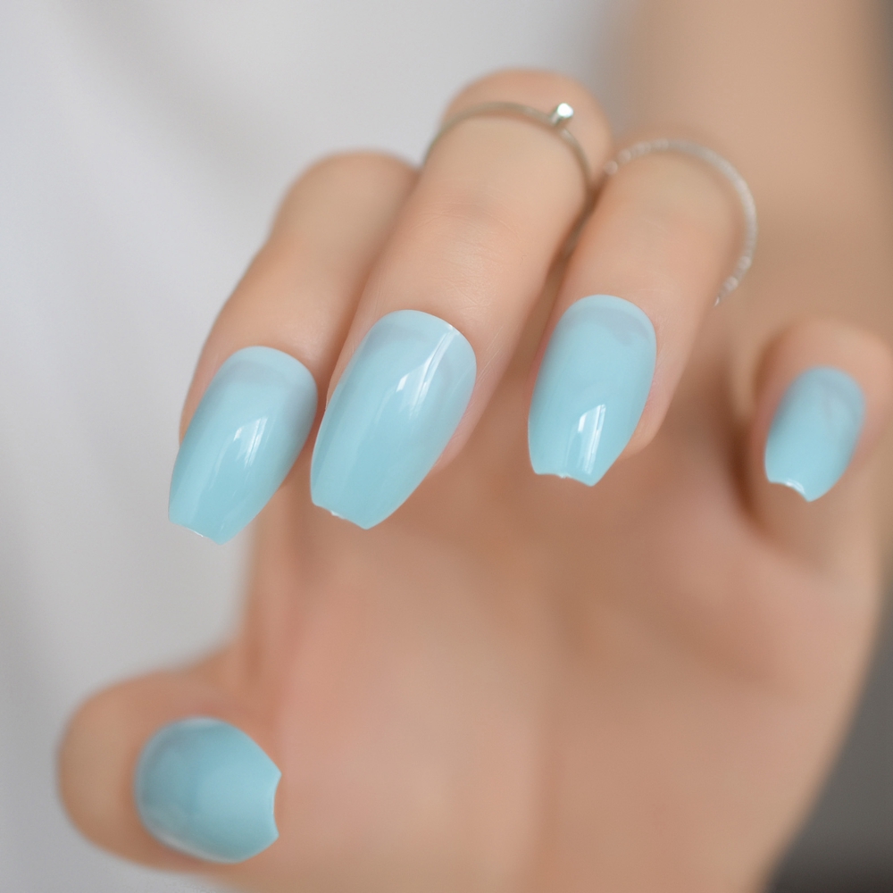 

Pure Color Coffin Design Nail Tip Sky Blue Medium Full Wrap Shinning Surface Candy Fake Nails Salon Product Manicure Makeup 727B, 91b