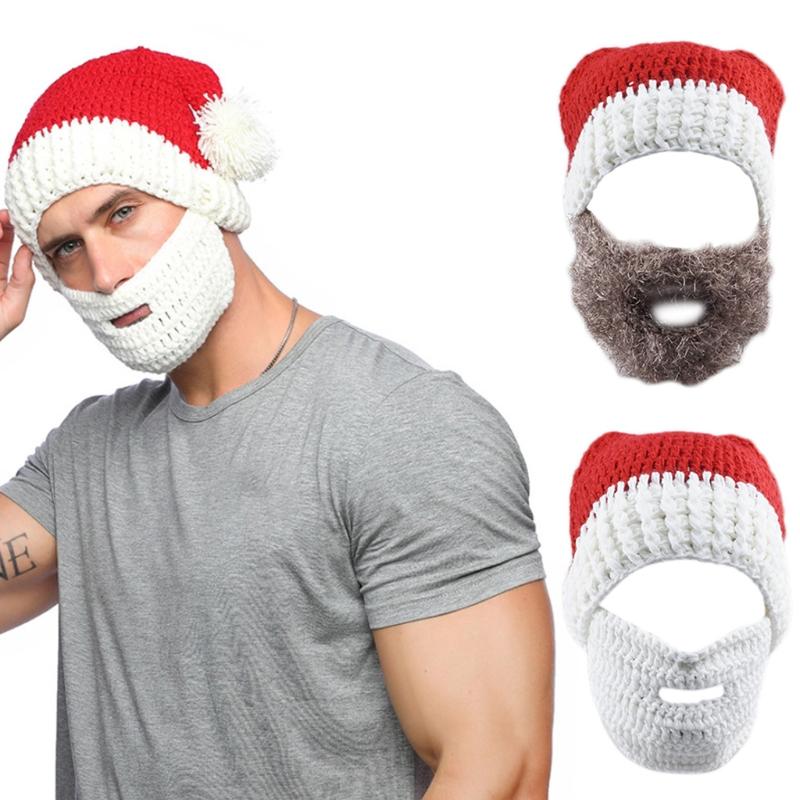 

Handmade Knitted Christmas Santa Claus Hat Beard Face Mask Set Crochet Beanie Cap Cosplay Halloween Funny Party Props