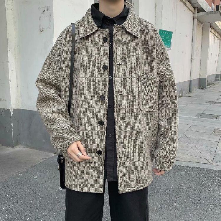 

2020 Autumn And Winter New Youth Fashion Men Harajuku Wind Pocket Loose Medium-length Wool Cloth Coat Fashion Casual Jacket, Beige