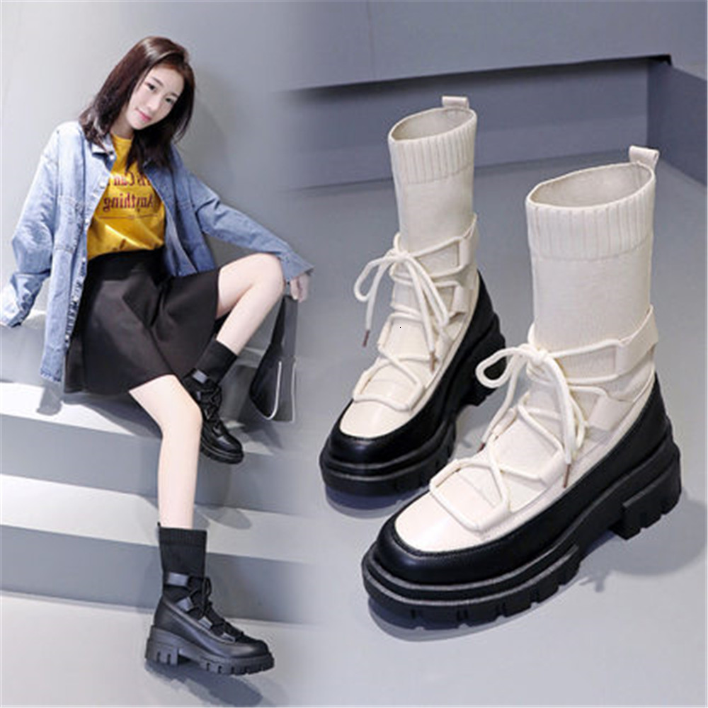 

Lace-up 2021 New Knitting Half-elven Women of the Boots Fashion High Leaping Woman Hot Sexy Bege Black Shoes 8IXN, Beige