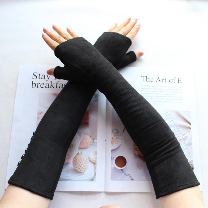 

Five Fingers Gloves 42cm Women's Long Knitted Cotton Button Style Suede Half Finger Stretch Velvet Lining Warm Arm Sets1