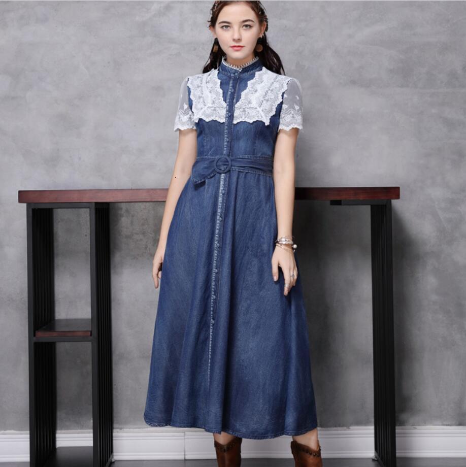 

2021 Vintage Summer Denim Women's Short Sleeve Collar Lace Long Jean Seam Dress Q751 Bydr, Blue