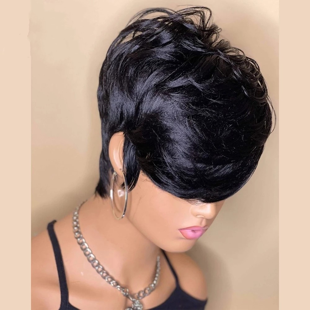 

Pixie Short Cut Bob Wig with Bangs Brazilian Wavy Wigs 100% Human Hair for Africa Women Black Color Lace Front Wigs, Natural color