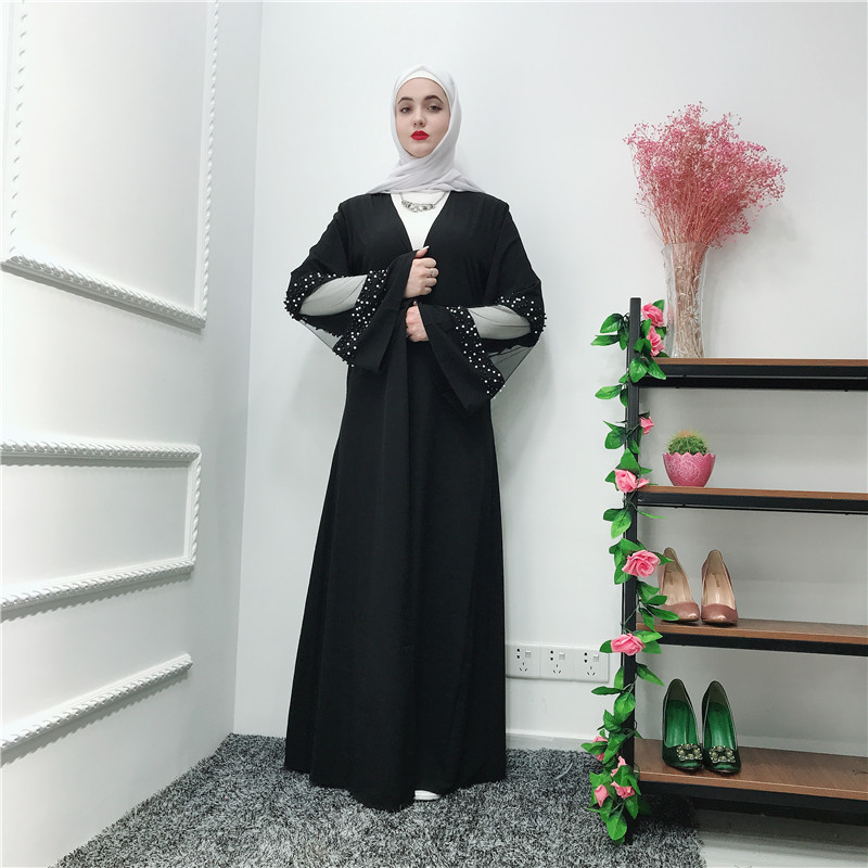 

Muslim Open Abaya Dress Women Jilbab Beading Lace Jubah Long Robe Elbise Turkey Moroccan Kaftan Kimono Caftan Islamic Clothing, Black;gray