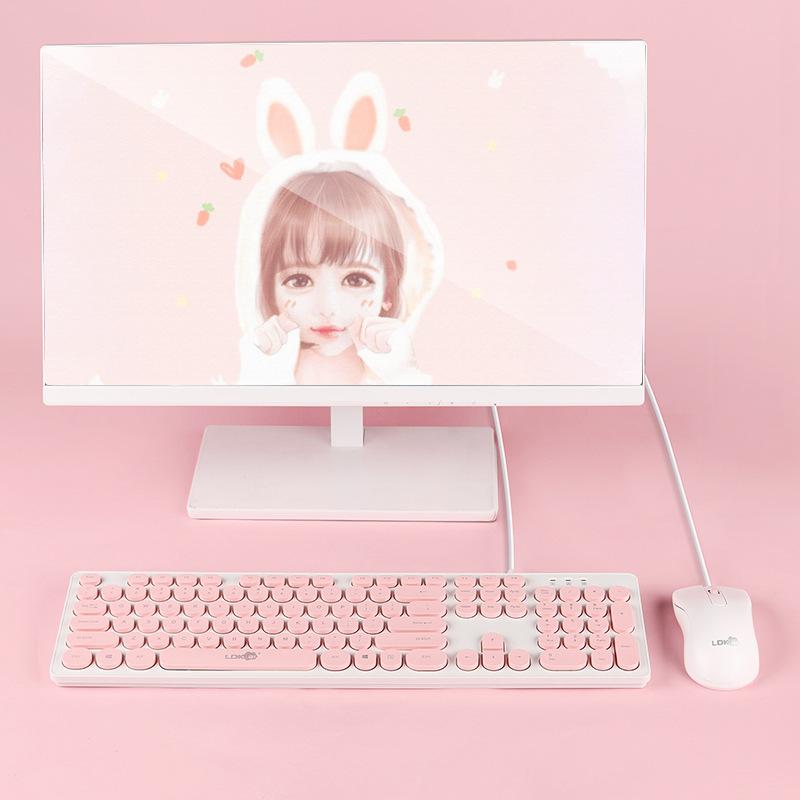 

Cherry Pink GIRL'S gift Gaming Mechanical Keyboard Mouse Cute Retro Punk Wired Mouse and Keycaps set for gamer