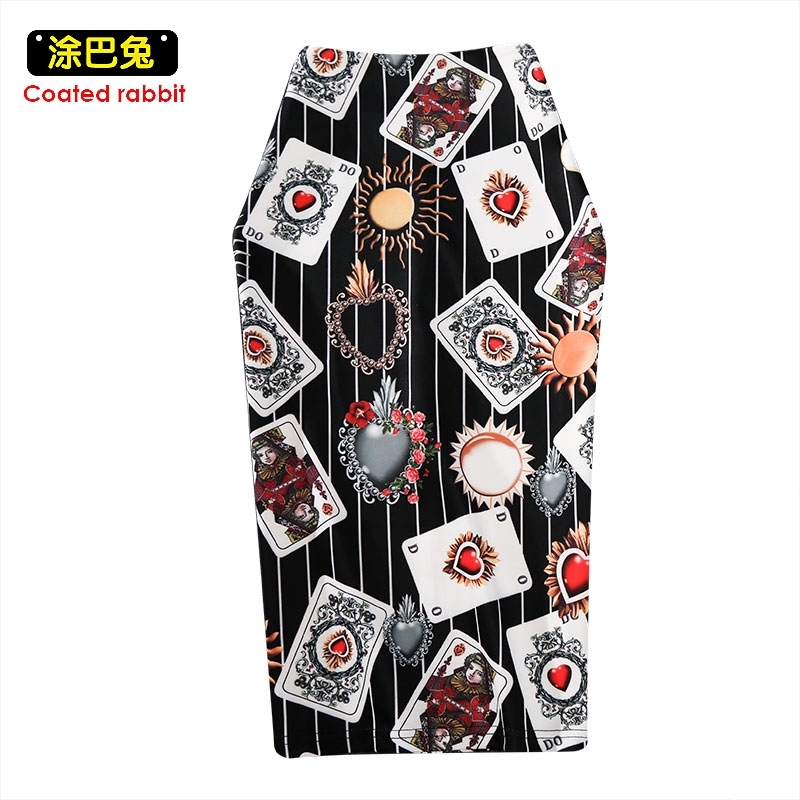 

CR Skirts Summer Playing Cards Print Pencil Skirt Woman Casual Skirts Knee-Length Faldas Mujer Moda Jupe Femme Y200326, Gray