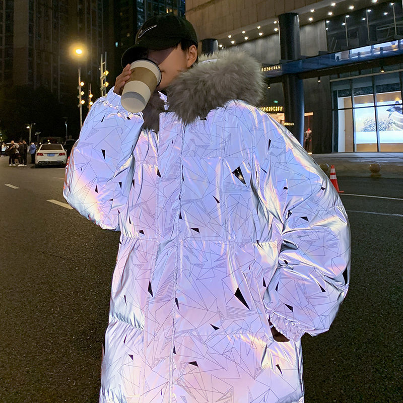 

2021 New Winter Loose Cotton Boys Street Fashion Lovely Reflective Hip-hop Jacket Heavy to Wind-proof Clothes Parka Men Limited Time 2HA5, Blue reflection.