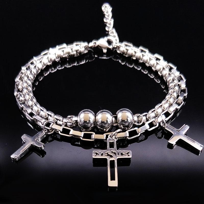 

Punk Rock Jesus Double Stainless Steel Bracelet for Women Cross Silver Color Bracelets & Bangles Jewelry pulseras mujer B61467
