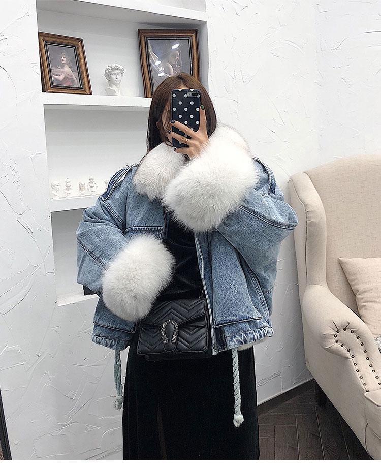 

ZITY Denim Parka Women Winter Jacket Real Fox Fur Collar Cuffs Rabbit Lining Warm Loose Outerwear Streetwear Removable 201126, Black