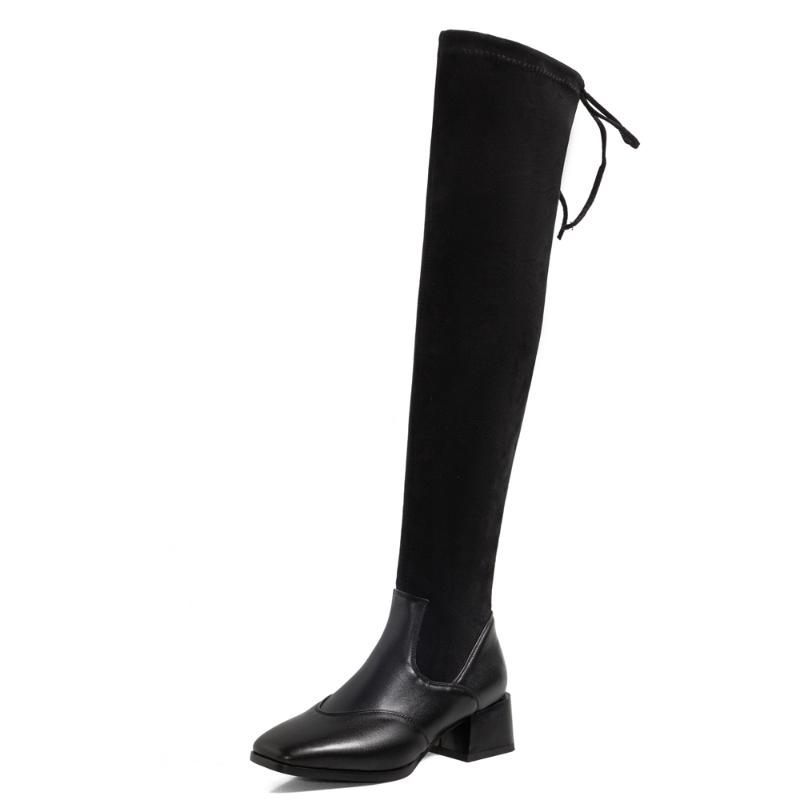 

Thick Heel Square Toe PU Stitching Flock Over-The-Knee Boots Comfortable And Warm Long-Tube Women's Boots Socks Shoes, Black