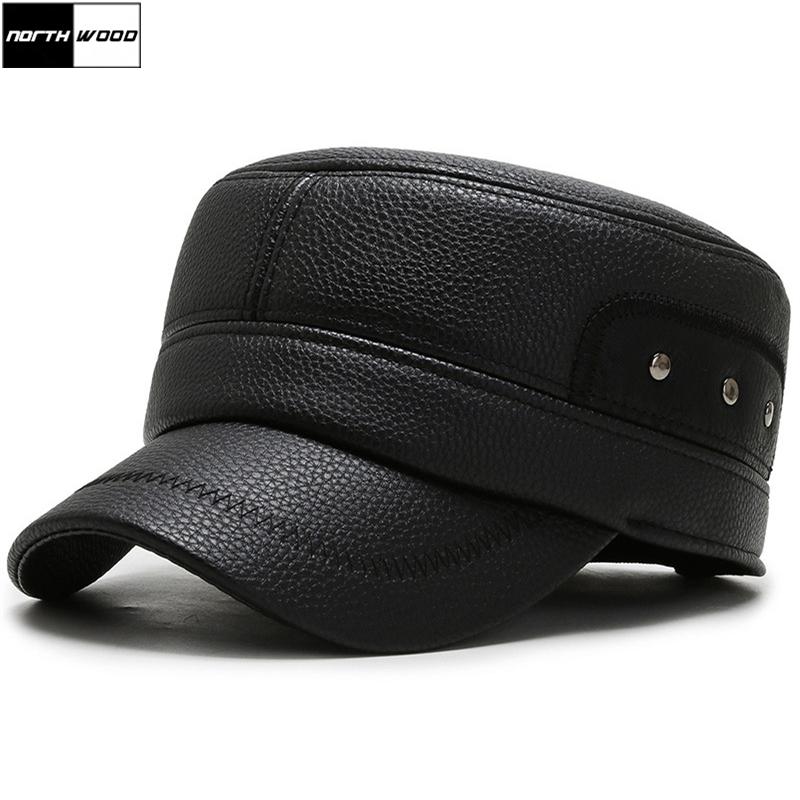 

NORTHWOOD] Brand Winter Hat Men Warm Thicken Pu Leather Hats For Man Flat Top Snapback Hats With Ear Flaps, Brown