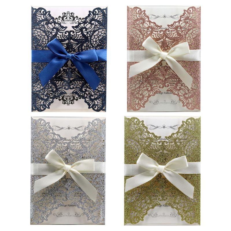 

10pcs/set Cut Glitter Lace Wedding Invitation Cards With Bow Ribbon Envelopes For Bridal Shower Engagement Birthday E56E