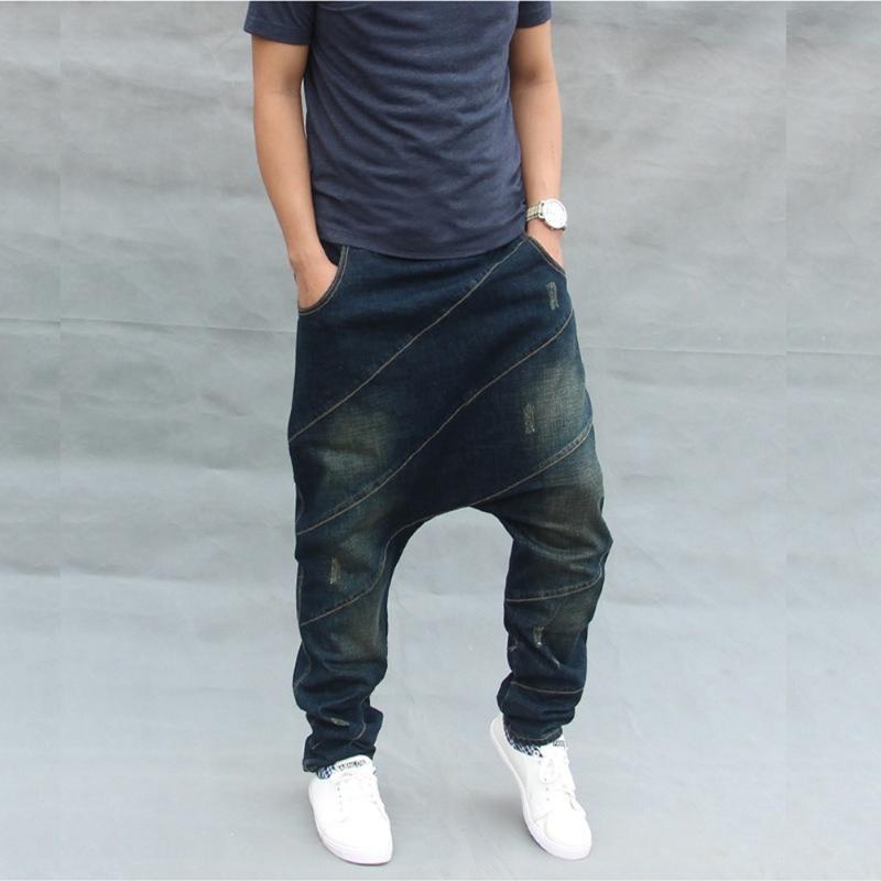 

Lugentolo Harlan Jeans Men Loose Plus Size Washed Fall Fashion Hip Hop Pants Mid Waist Elastic Waist Lace Up Goth Clothes, Dark blue