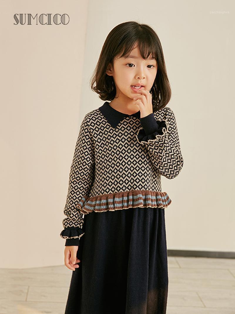 

Sumcico 2020 Latest Girl's Wool Cotton Ruffle Geometric Pattern Vintage Style Dress Baby's Soft Knitted Dress Daywear Age 2-14Y1, Navy