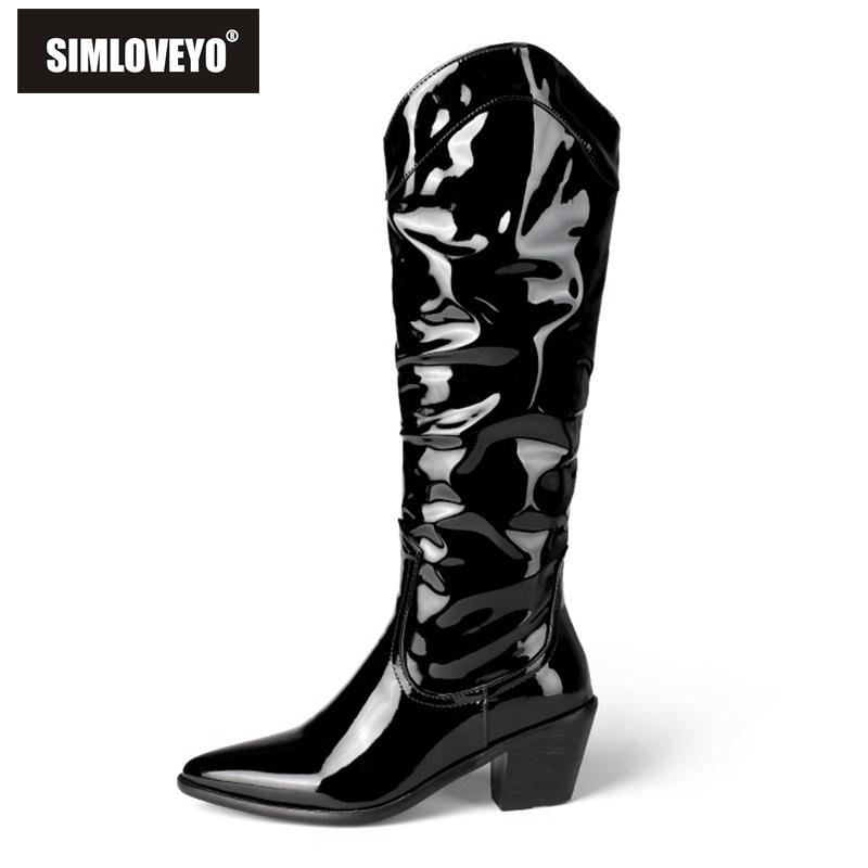 

SIMLOVEYO Autumn Winter Slouchy Knee-high boots Pointed toe 6cm Square heels Patent Leather Pull on Pleated Big size 34-46 B2124, Red no fur