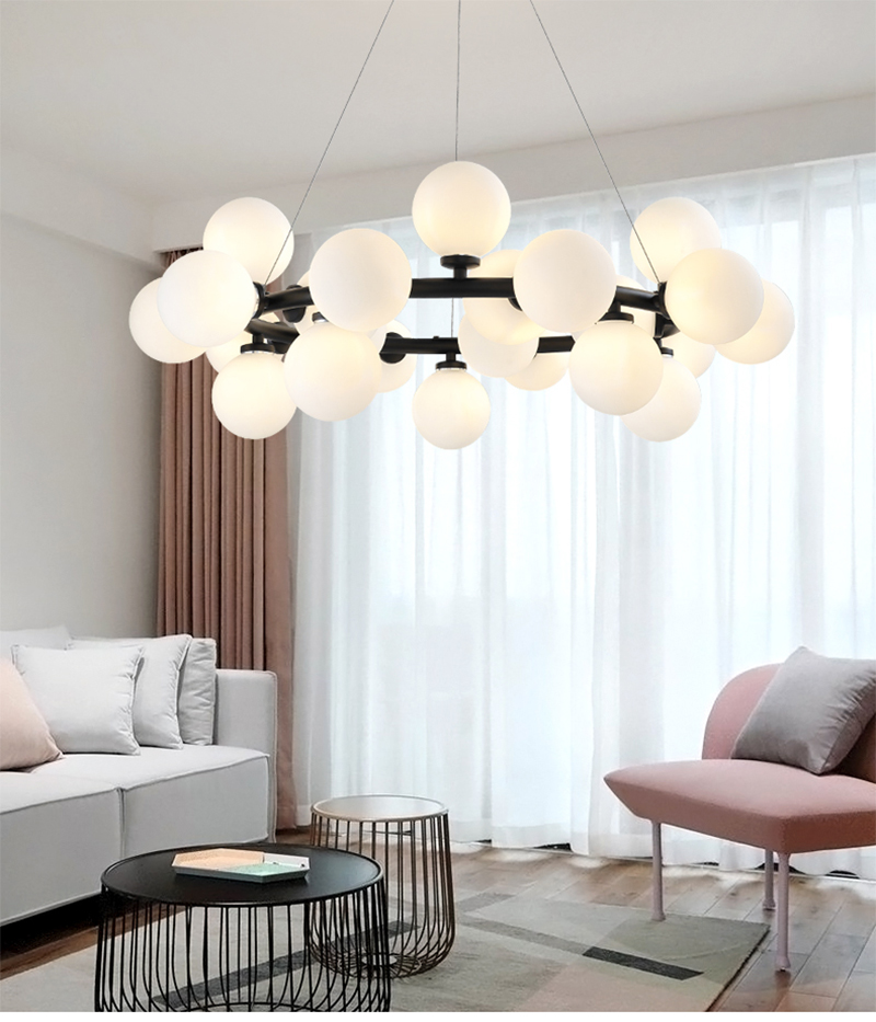 

Nordic Designer Living Room LED Hanging Lights Modern Creative American Chandelier Glass Ball Restaurant Iron Pendant Lamp