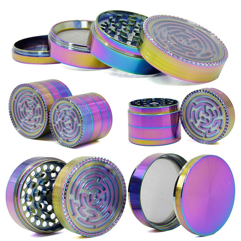 

High Quality 4 Piece 63mm 52mm Dry Herb Tobacco Grinders Iceblue Rainbow Maze Zinc Alloy Metal Grinder Smoking Accessories