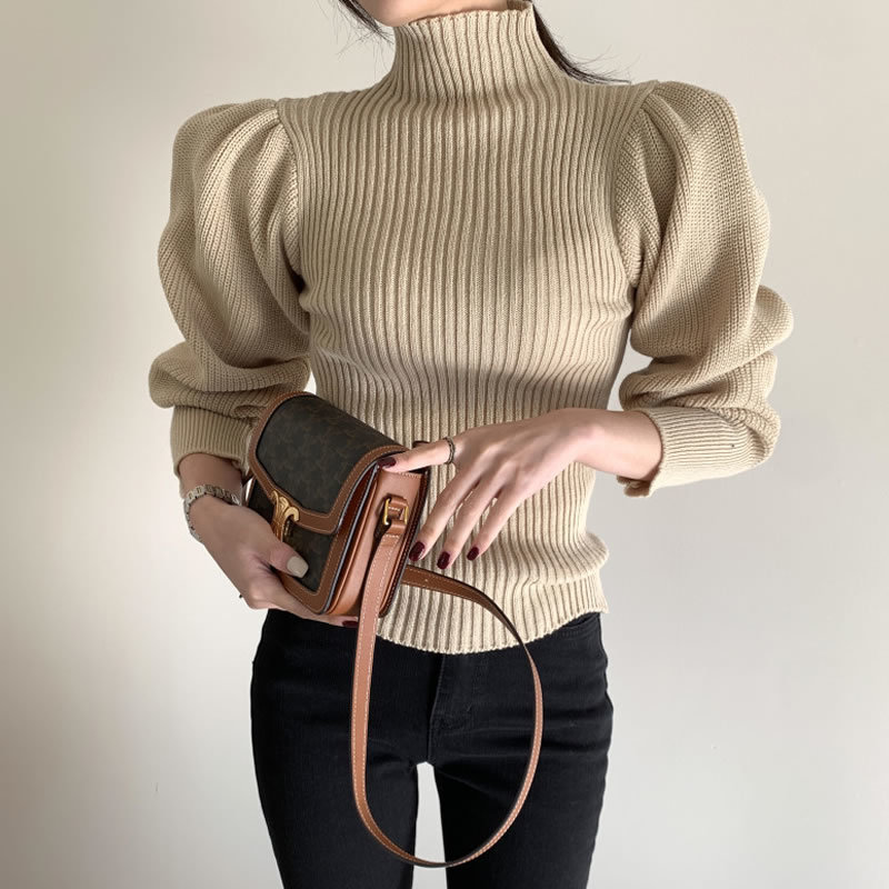 

2021 New Female Turtlenecks Solid Puff Sleeves Standard Knitting Pit Jumper Office Lady Thin Waist Knits Winter Sweater O1B0, Apricot