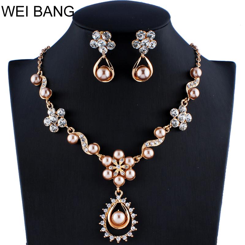 

Fashion Women Jewelry Sets Pearl Flower Gold color Earrings Necklace Set Rhinestone Gift Jewelry For Costume Accessories, As pic