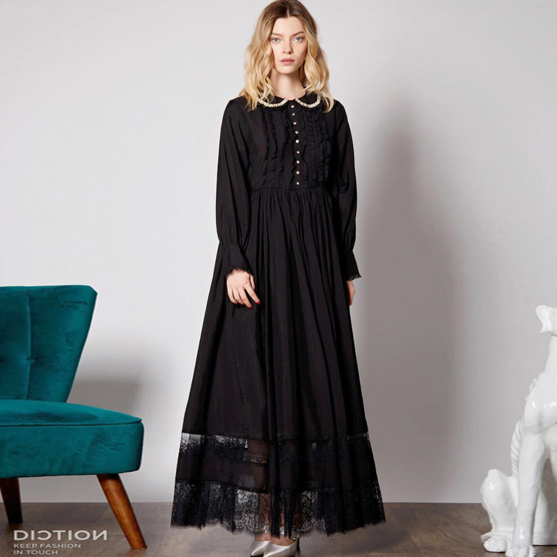 

2021 New Spring Retro-ethnic Sexy Curly Single Breasted Thin Long-sleeved Black Mid-length Female Dress High Quality 8zcy