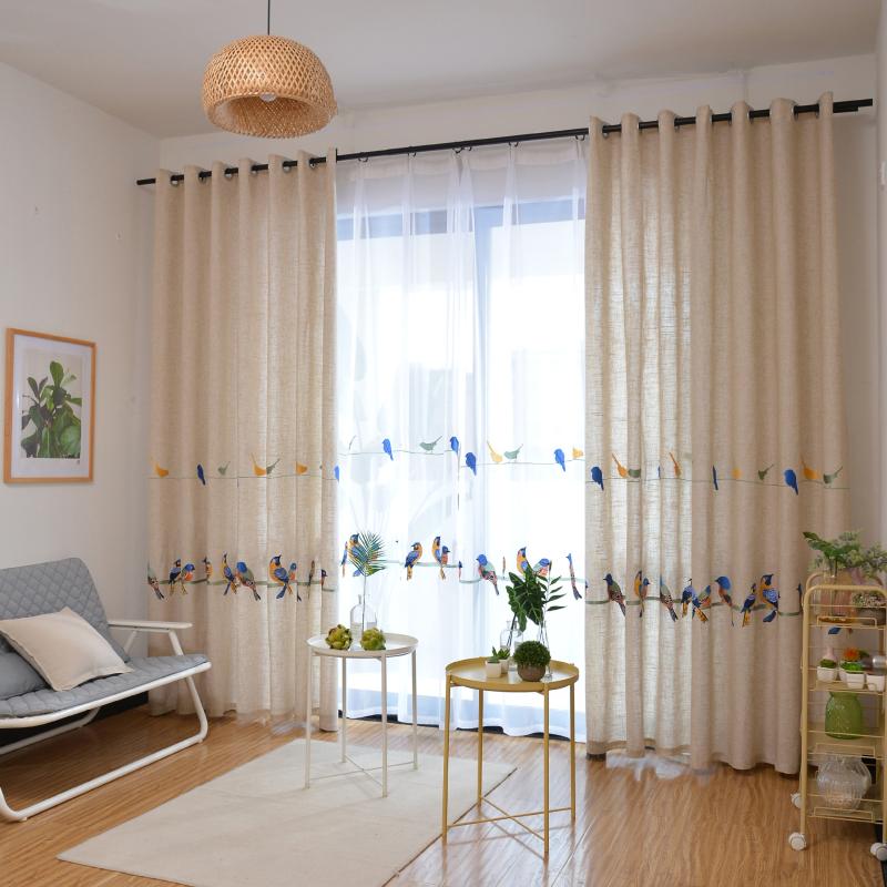 

Bird Embroidery Cotton and Linen Curtains Solid Color Shading Curtains for Living Dining Room Bedroom, White tulle