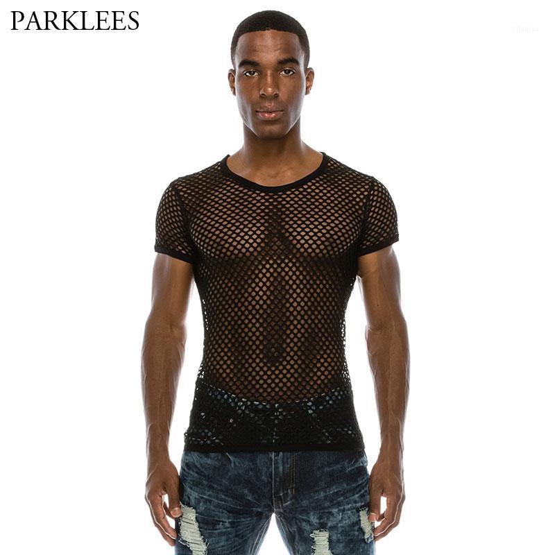 

Men' Mesh See Through T Shirt 2020 Short Sleeve Sexy Transparent Night Club Wear T-shirt Men Streetwear Party Perform Tops Tees1, White