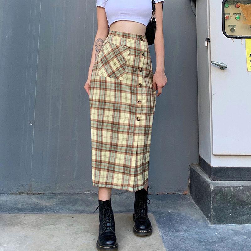 

women plaid ankle length autumn skirts single breasted sexy split long skirts England style vintage bottoms for ladies fashion, As pic