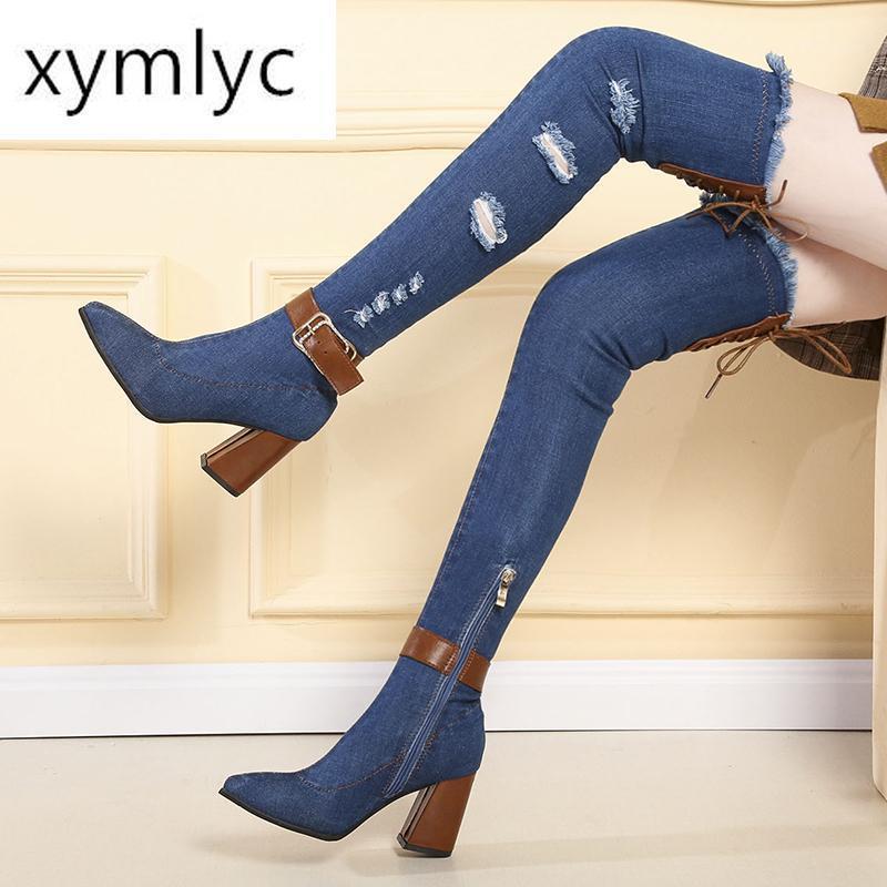 

Rimocy Sexy Women Slim Thigh High Denim Boots Spring 2020 Chunky High Heels Shoes Woman Casula Cowboy Over The Knee Botas Mujer1, Navy blue