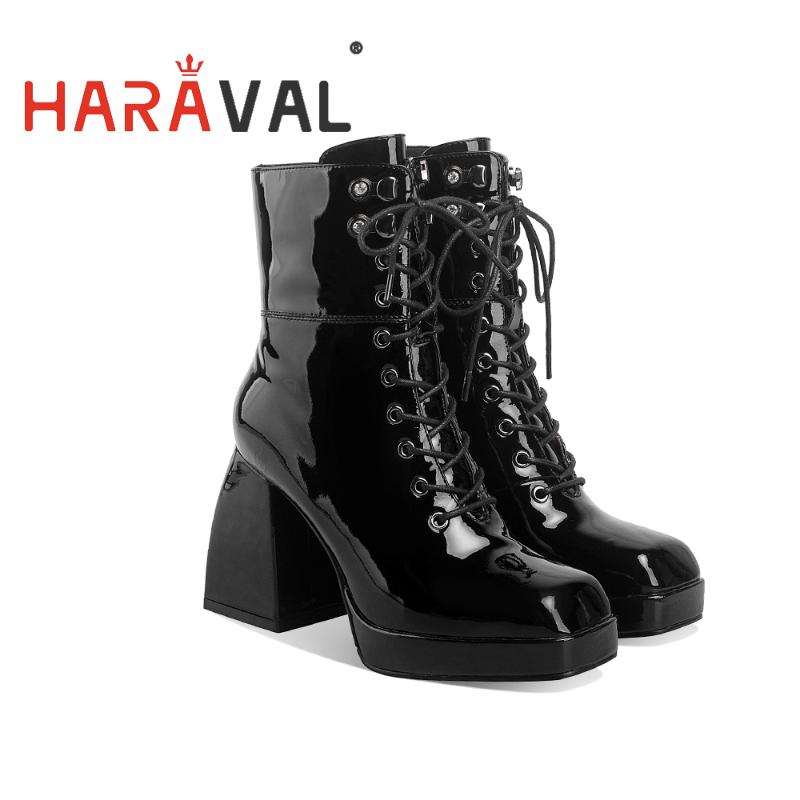 

HARAVAL Ankle Boots Shoes Women Thick Heels Waterproof platform Patent Leather Fashion Shoes Women Boots Black and Apricot E58L
