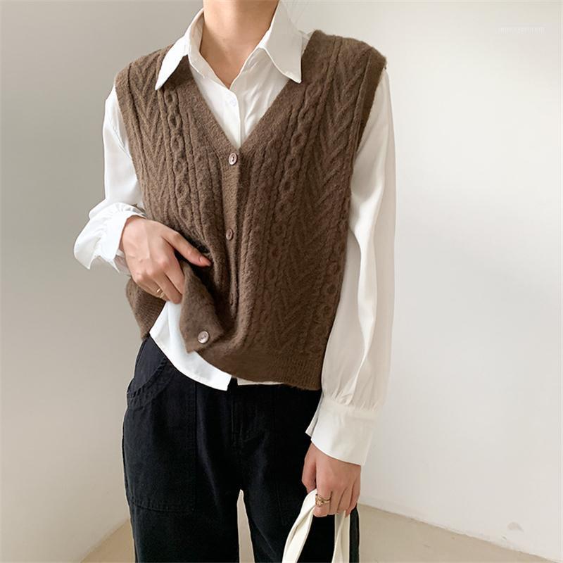 

Best selling autumn winter knitted vest cardigan women V-neck Korea sleeveless wild sweater casual comfort vest cardigan K0711, Brown