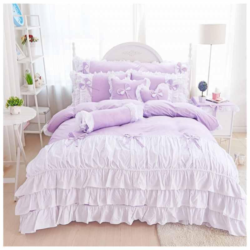 

100% Cotton bedspread bed skirts 4pcs princess bedding set king queen size Ruffles duvet cover bed set pillowcases Purple Color, Yellow