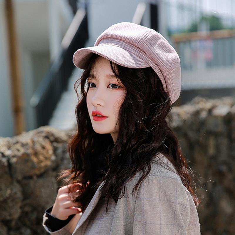 

Hat Female 2020 New Style for Autumn and Winter Brushed and Thick Lattice Octagonal Hat Knitted Cashmere Newsboy British Beret1, Black