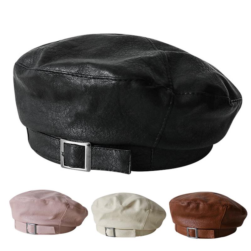 

Pu Leather Beret Hat Women Cap Female Beanie Beret caps, Black
