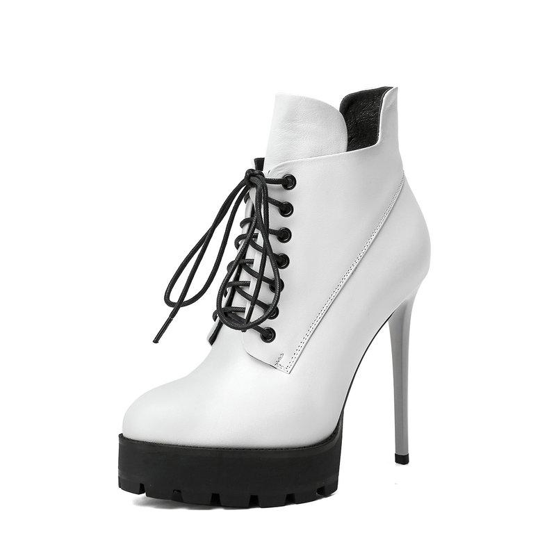 

2020 Women Ankle Boots Autumn Winter Warm Thin Heels platform Shoes Woman rouned Toe Sexy cow Leather Cross-tied Pumps, Black