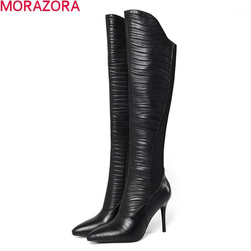 

MORAZORA 2021 New genuine leather boots sexy stiletto high heels pointed toe women boots winter black color knee high1, Black not fur