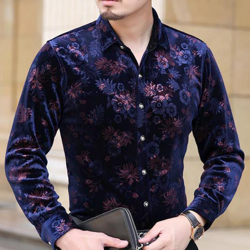

Fashion Spring Autumn Casual Mens Printed Pattern Long Sleeve Velvet Shirt Blouse , Fall Velour Shirts For Man , Male Blouses, Blue