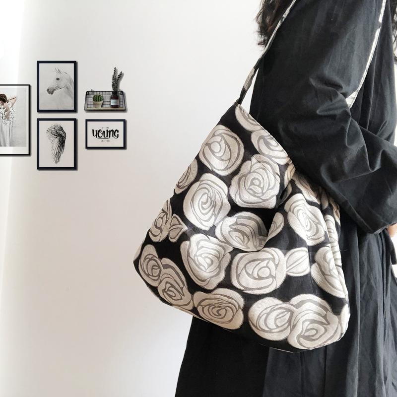 

Vintage Rose Flower Women Shoulder Bag Fashion Design Ladies Shopping Bags Large Capacity Female Canvas Casual Tote Handbags