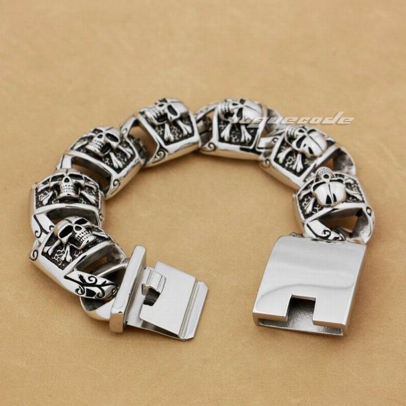 

5 Length 316L Stainless Steel Huge Heavy Pirate Skull Mens Boys Biker Rock Punk Curb Link Bracelet 5T002