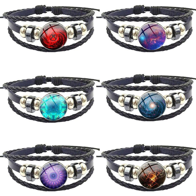 

For Valentine'S Day Gift Jewelry With Glass Cabochon Black Leather Bracelet Bangle Fractal Mandala Galaxy Nebula