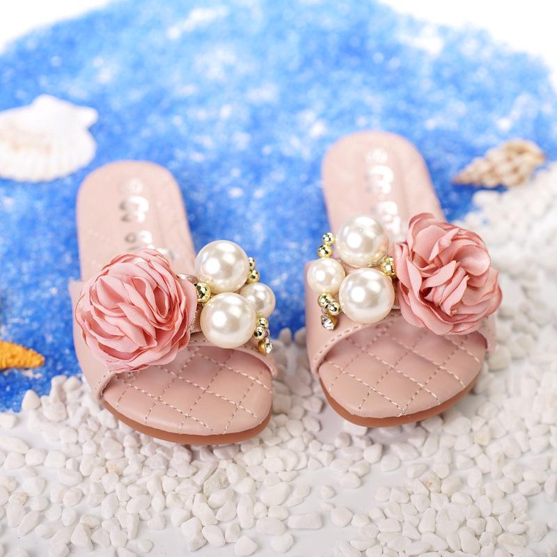 

Princess Summer Slippers Baby Girls Sweet Slides Pink Slippers with Big Pearls and Flowers Kids Flats Rubber Sole Size 24-37, Beige