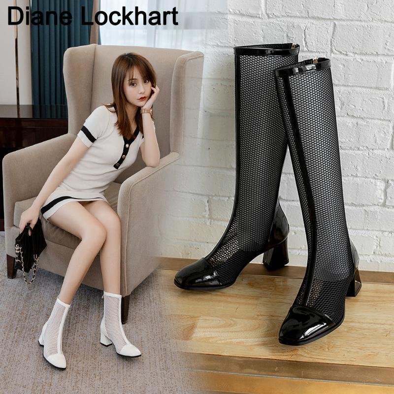 

2021 New Spring Autumn Fashion Summer boots Female Sexy Knee High Boots Women Gladiator Mesh Round Toe Zipper Shoes Footwear 411, Beige